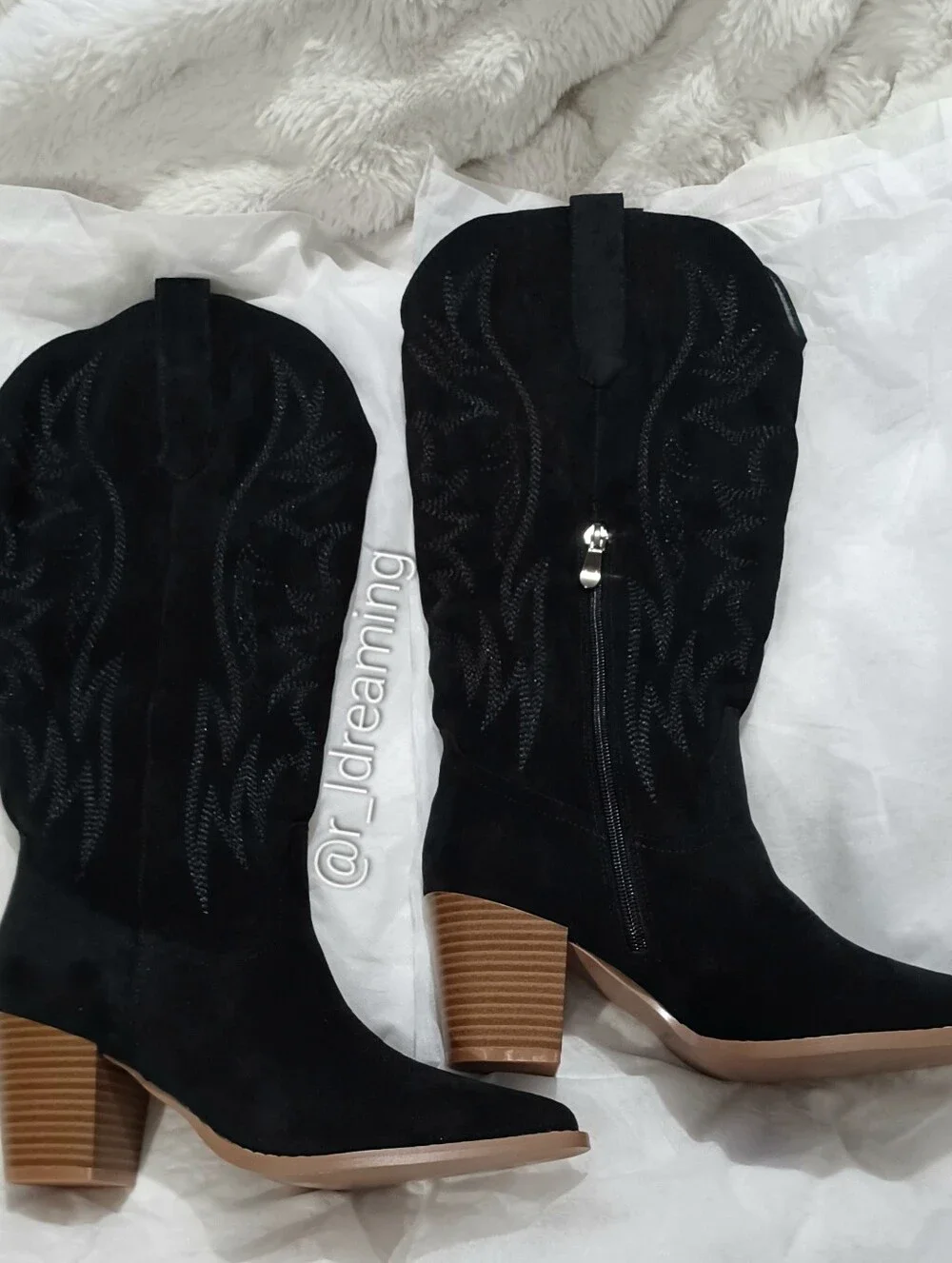 Women's Black Suede Western Cowboy Boots Size 8.5